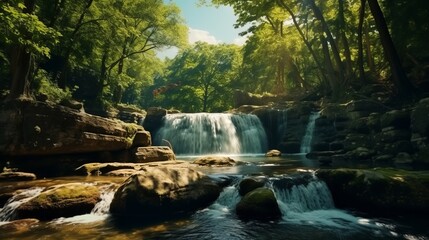 A waterfall with a panoramic forest