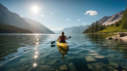 Young woman kayaking in the picturesque lake. Generative Ai - obrazy, fototapety, plakaty
