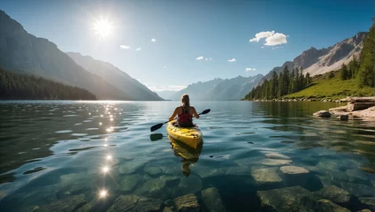 Foto op Canvas Young woman kayaking in the picturesque lake. Generative Ai © Alexandra