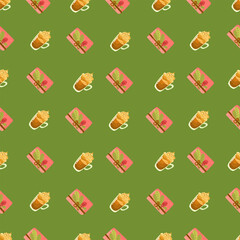 Christmas and Happy New Year seamless pattern with Christmas toys, gifts and sweets. Trendy retro style. 