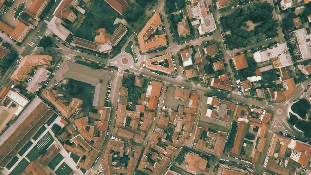 Aerial top down view of a typical Italian town, Cremona, Lombardia