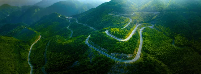 Gartenposter Top view from drone of mountain road in woods in a summer day. © powerstock