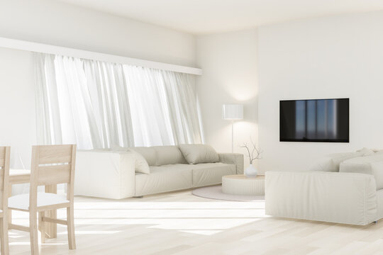 Modern living room decorated in a minimalist style with all white 3d render