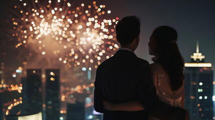 Couple of lovers on top of building watching mesmerizing fireworks at night above a city landscape