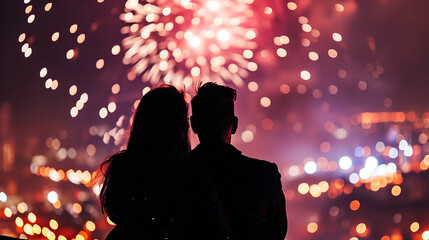 Couple of lovers on top of building watching mesmerizing fireworks at night above a city landscape