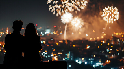 Couple of lovers on top of building watching mesmerizing fireworks at night above a city landscape