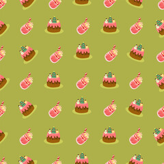 Christmas and Happy New Year seamless pattern with Christmas toys, gifts and sweets. Trendy retro style. 