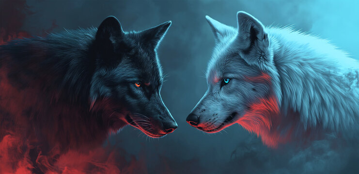 good wolf vs. bad wolf - duel of good and evil concept art - a white wolf versus a black wolf - fantasy illustration - profile view of both wolves looking at each other in a face off duel