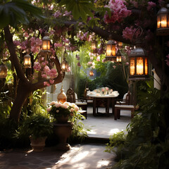 A secluded garden adorned with hanging lanterns and exotic flowers.