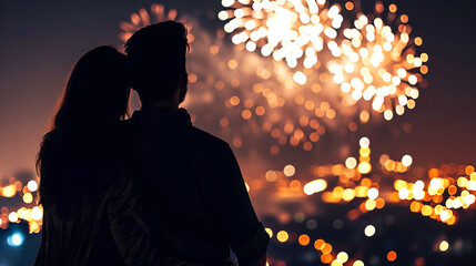 Couple of lovers on top of building watching mesmerizing fireworks at night above a city landscape