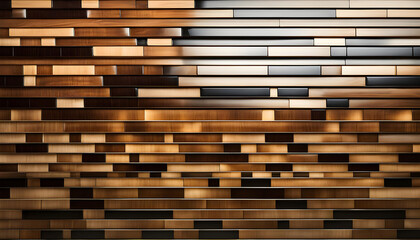 Abstract wooden glossy mosaic wall texture in grunge deco style with geometric shapes, Wood background for design,