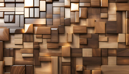 Abstract wooden glossy mosaic wall texture in grunge deco style with geometric shapes, Wood background for design,