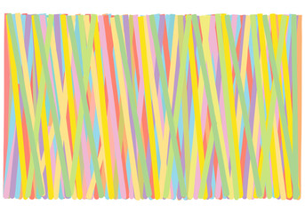 The background is made of intertwined and intersecting multi-colored strips and sticks.