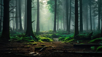 Zelfklevend Fotobehang Enchanting Wilderness: A Mist-Covered Forest at Dawn © Graphics.Parasite