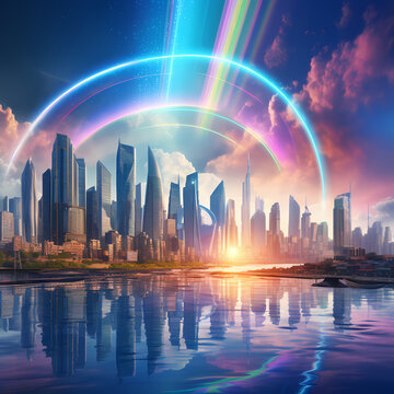 Futuristic cityscape with holographic rainbows arcing above the skyline. © Cao