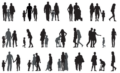 silhouette of family.  silhouette of family collection or group crowd, Standing, playing, dancing, walking talking and posing on isolated white background.