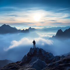 A solitary figure admiring the first light of dawn on a misty mountain summit.