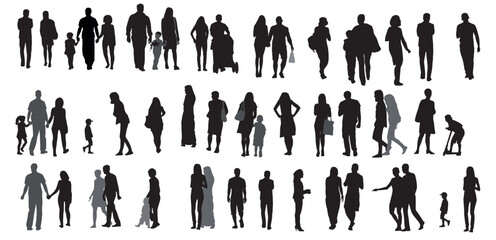 silhouette of family.  silhouette of family collection or group Standing, playing, dancing, walking talking and posing on isolated white background.