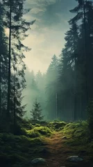Fototapeten Foggy morning panorama of the forest covered with morning fog © ColdFire