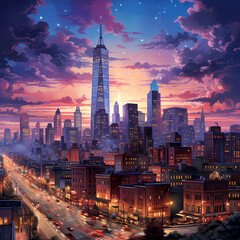 City skyline aglow with the lights of a bustling metropolis against a twilight sky.
