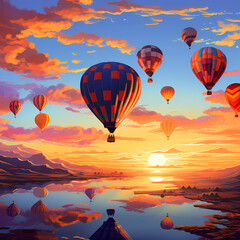 Cluster of hot air balloons drifting against the canvas of a fiery sunset sky.