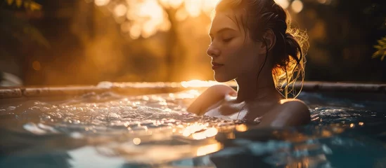 Foto op Aluminium Gorgeous woman unwinding in hot tub during summer break. © AkuAku