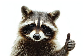 close up of a raccoon gives thumbs up