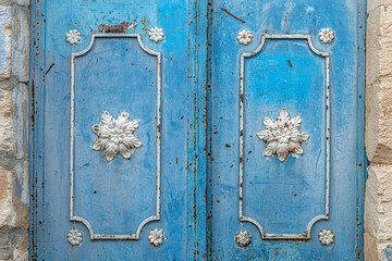 abstract background of old metal doors painted blue with beatiful floral decor close up