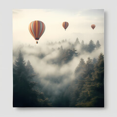 Hot air balloons drifting over a foggy and mystical forest.