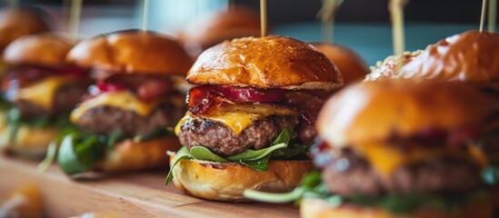Close-up of miniature burgers at catering event.