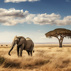 Lone elephant grazing on the vast plains of the African savannah