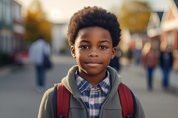 A happy black first-grade boy with a backpack enjoys the outdoors, radiating joy and innocence.