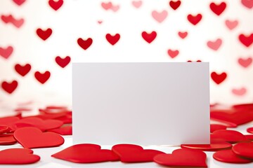 A decorative Valentine's Day postcard with lots of red hearts, symbolizing love and celebration against a festive background.