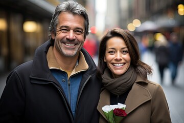 A mature couple happily strolling along the street, holding a bouquet of roses.