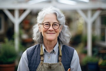 A cheerful senior woman wearing an apron, enjoying the garden outdoors, with a happy and positive demeanor.