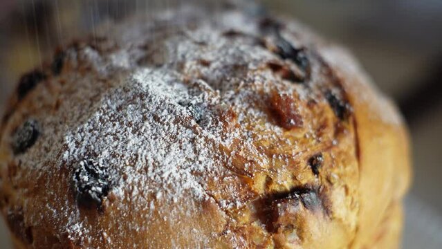 Panettone, Colomba.
Tall, soft, decorated with candied fruits and raisins. Bakery products made from soft dough. Sweet holiday bread sprinkled with powdered sugar. Traditional Italian Christmas pastri