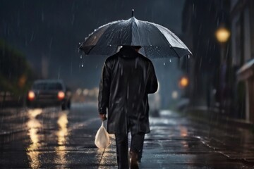 depressed sad man walking when rain in the city with an umbrella