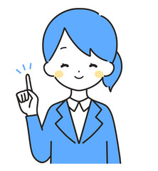 青色｜指差しをするスーツの女性｜上半身
