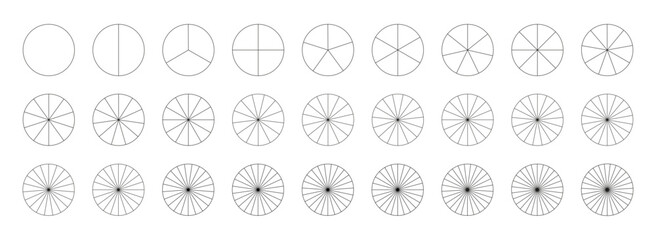Pie chart template. Segmented charts collection. Many number of sectors divide the circle on equal parts. Outline black graphics. Set of pizza charts. Vector segments infographic. Diagram wheel parts.