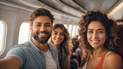 Happy tourists taking selfie on airplane - Cheerful couple on summer vacation, Passengers boarding plane, Fashionable technology lifestyle concept,