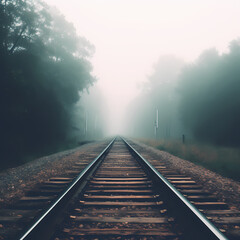 Railroad tracks disappearing into the haze of a distant horizon. - obrazy, fototapety, plakaty