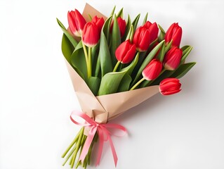 A bouquet of red tulip flowers wrapped on a white background