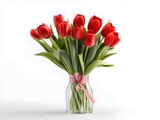 A vase of red tulip flowers on a white background