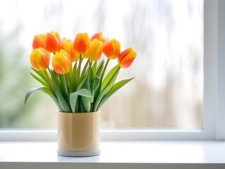 A vase of orange tulip flowers near the window sill blurred background