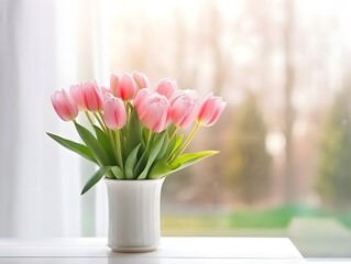 A vase of pink tulips near the window sill blurred background