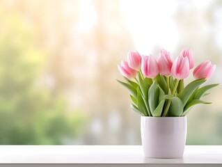 A vase of pink tulips near the window sill blurred background - obrazy, fototapety, plakaty