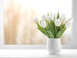 A vase of white tulips near the window sill blurred background