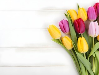 Colorful tulip flowers on a light wood white background