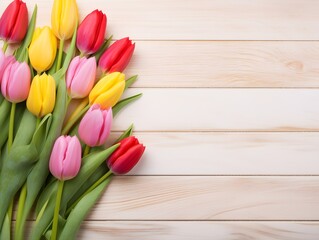 Colorful tulip flower on a light wood white background