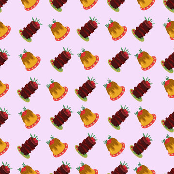 Christmas and Happy New Year seamless pattern with Christmas toys, gifts and sweets. Trendy retro style. 